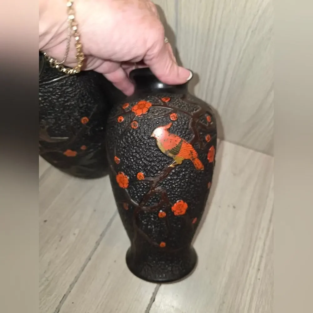 Vtg Early 20th Cetury Japanese Vases Tokanabe Ware Black Pottery Birds Japan